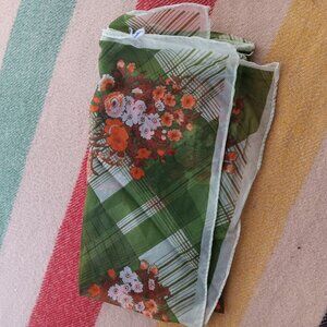 True Vintage 24" Green Floral Sheer Scarf With Red & White Flowers Granny Boho